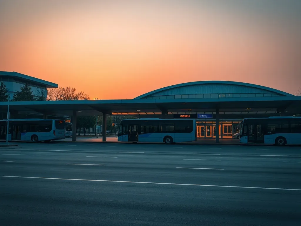 A modern bus terminal at sunset, clean lines, professional a