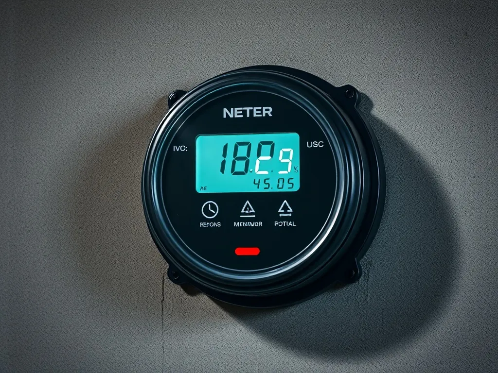 Close-up of a modern digital electricity meter on a concrete