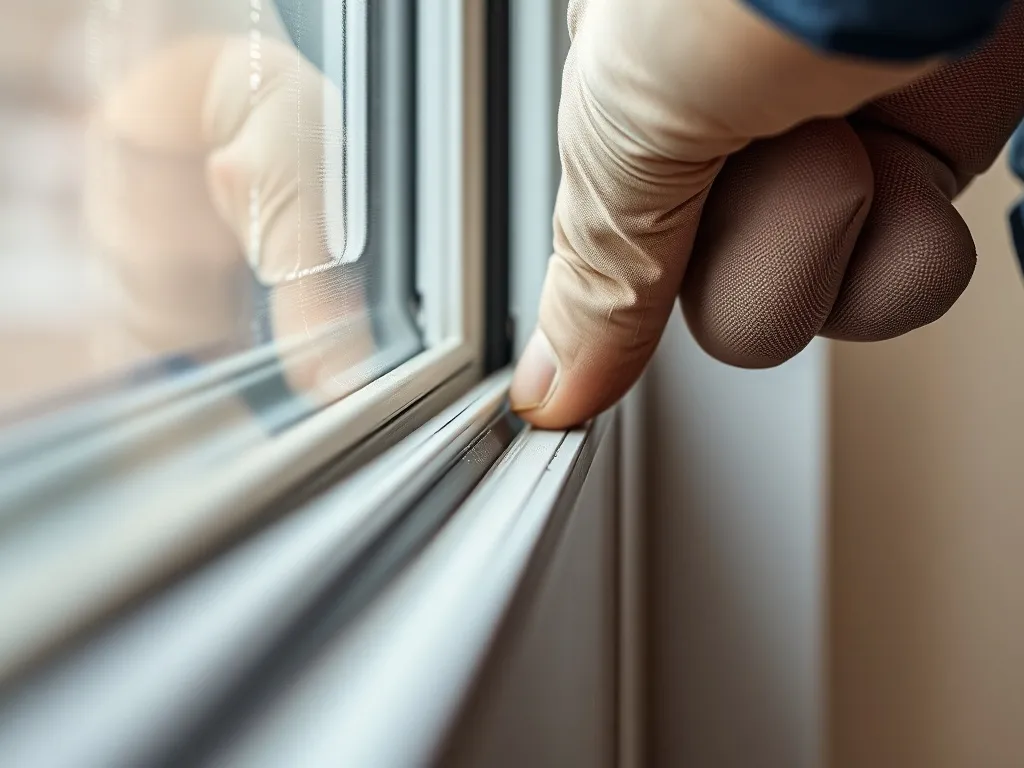 Contractor applying weatherstripping seal to a window frame,