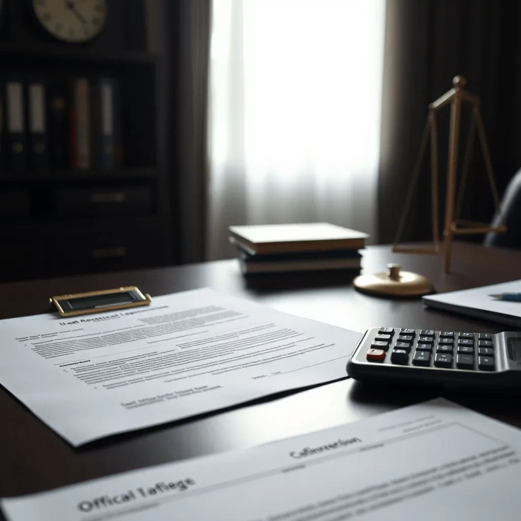 Official legal documents and a calculator on a dark wooden d