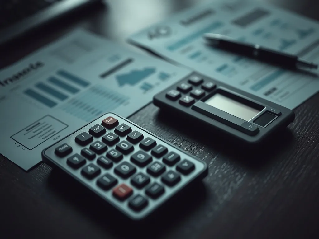 Close-up of a calculator, financial documents, and a pen on