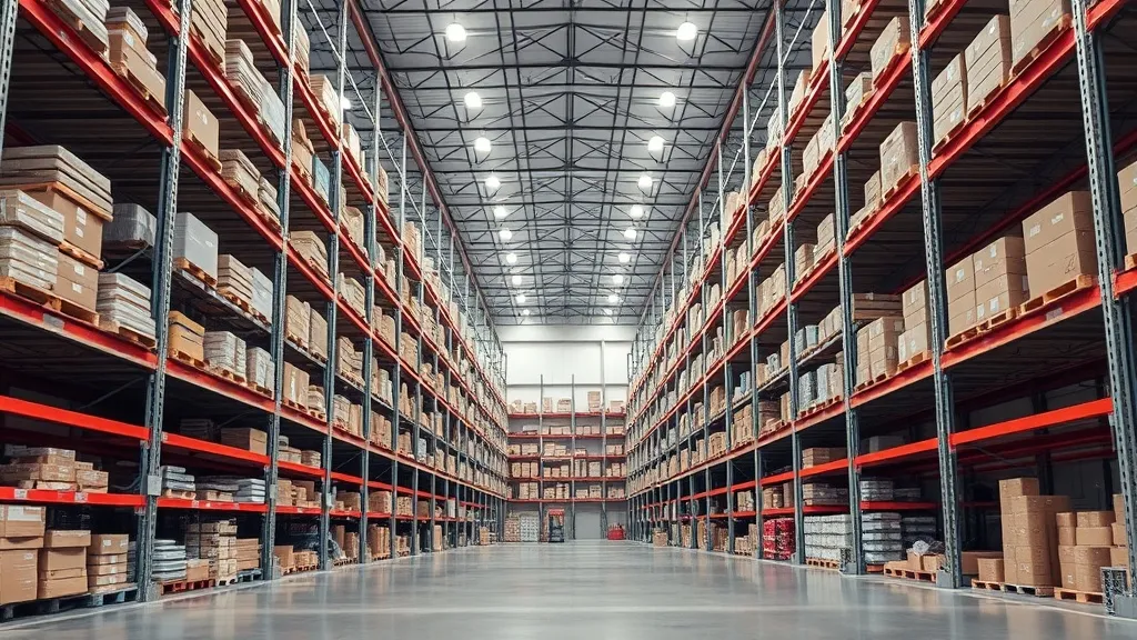 A technical wide shot of a large clean warehouse with organi